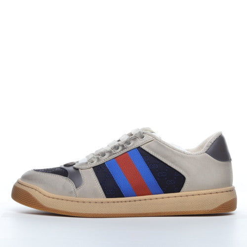 Gucci Screener Webbing Trimmed Distressed Leather and Canva Navy