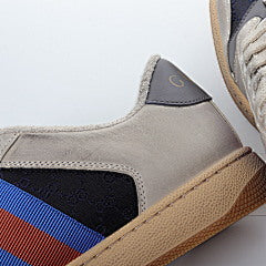 Gucci Screener Webbing Trimmed Distressed Leather and Canva Navy