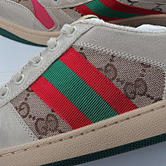 Gucci Screener Webbing Trimmed Distressed Leather and Canvas