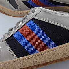 Gucci Screener Webbing Trimmed Distressed Leather and Canva Navy