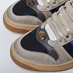 Gucci Screener Webbing Trimmed Distressed Leather and Canva Navy