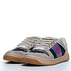 Gucci Screener Webbing Trimmed Distressed Leather and Canva Navy