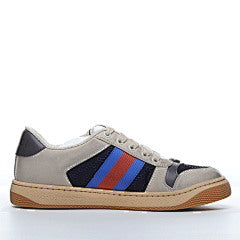 Gucci Screener Webbing Trimmed Distressed Leather and Canva Navy