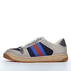 Gucci Screener Webbing Trimmed Distressed Leather and Canva Navy